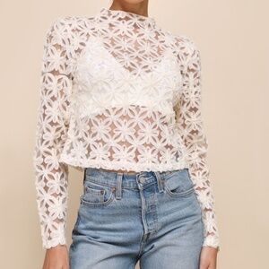 Lulus Ivory Sheer Floral Applique Long Sleeve Top White - Size L